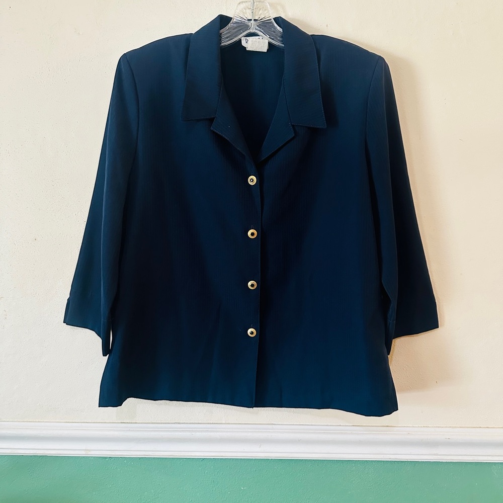 Blue 3/4 Sleeve Button Down Shirt with Notched Collar